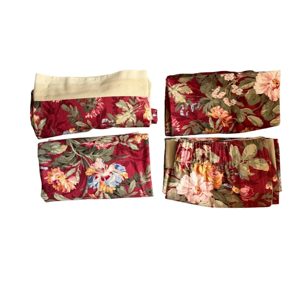 Handmade Curtain Panels Set of 4 Burgundy Floral Cream Border Excellent 48x62